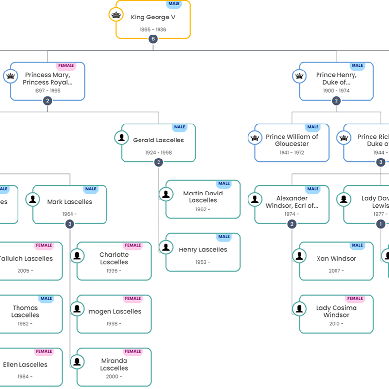 Shows a standard family tree.