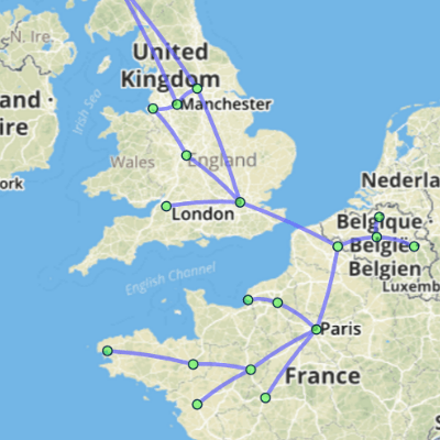 A GoJS diagram atop a Leaflet.js map, with nodes placed at latitude and longitude based locations.